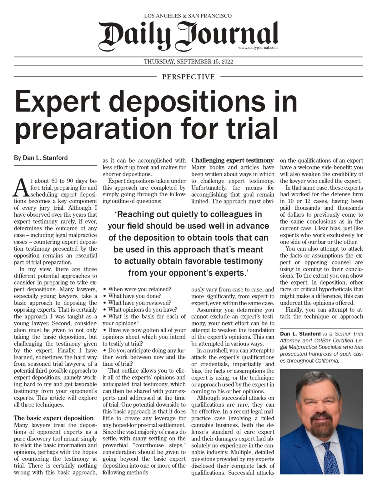 Expert depositions in preparation for trial